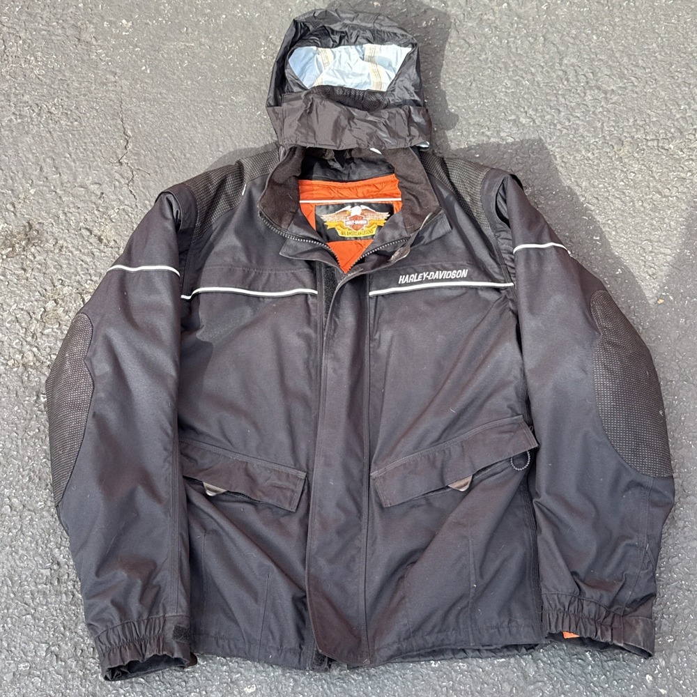 Harley Davidson Waterproof All Season Riding Jacket Sz L Hood removable sleeves